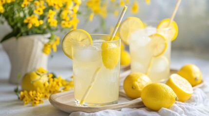 Refreshing lemonade in glasses, surrounded by lemons and yellow flowers
