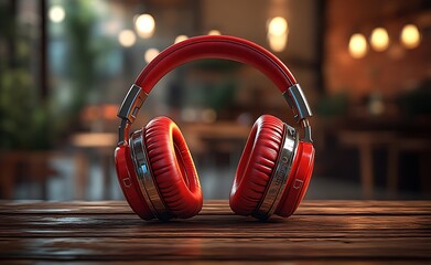 Red headphones mockup on wooden table in cozy café setting


