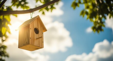 Wooden Birdhouse Hanging from a Branch with Sunlit Sky and Leaves