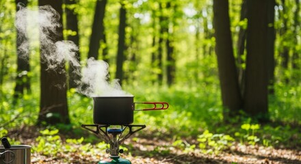 Forest Cooking: Steam Rising from Pot on Portable Stove