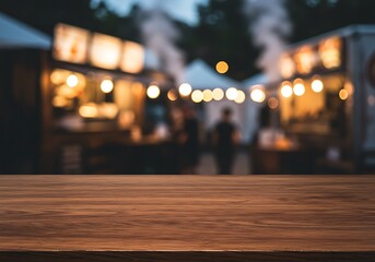 Wooden tabletop in sharp focus with a blurred background of a lively outdoor food truck festival illuminated by string lights.
