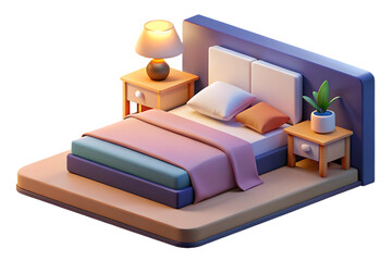 Modern bedroom interior with a bed, nightstand, lamp, and plant isolated on transparent background