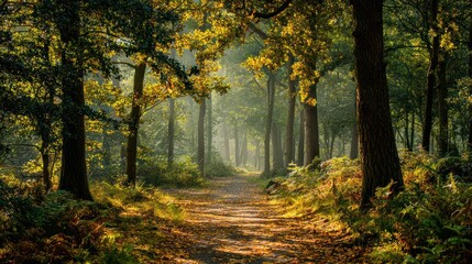 Fototapeta premium Sunlit path through a golden autumn forest