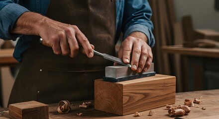 Carpenter sharpening chisel on stone