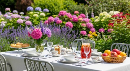 Fototapeta premium Elegant Garden Tea Party with Hydrangeas and Lavender