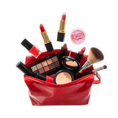 Makeup spilling out of a red cosmetic bag isolated on transparent background