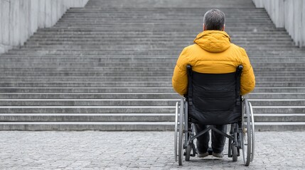 Person in a wheelchair in front of stairs, problems of the disabled and discrimination