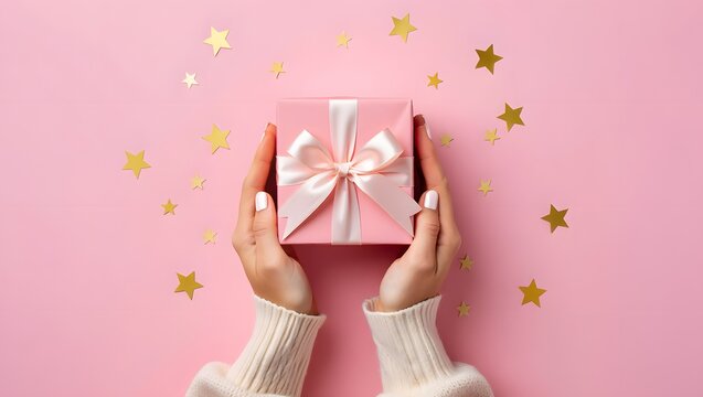 gift, box, present, christmas, hand, birthday, celebration, bow, love, ribbon, holiday, pink, surprise, valentine, decoration, paper, card, object, woman, flower, heart, giving, anniversary, vector, g