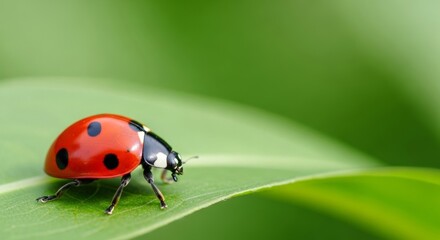 Fototapeta premium Vibrant Ladybug Resting on a Green Leaf with Detailed Close-Up View