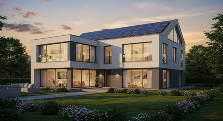 Modern house with solar panels at dusk