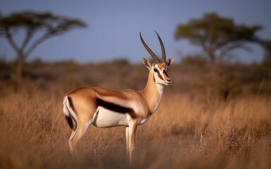 Naklejka premium Gazelle in African Savanna: Majestic Antelope with Dramatic Lighting and Horns