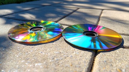 Two colorful CDs on a paved path