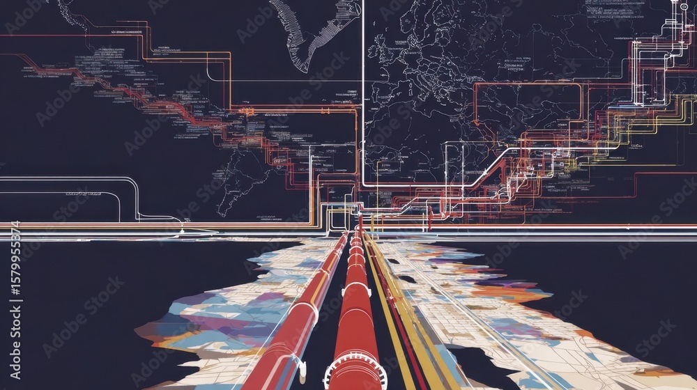 Aufkleber global network of interconnected pipelines and data streams.
