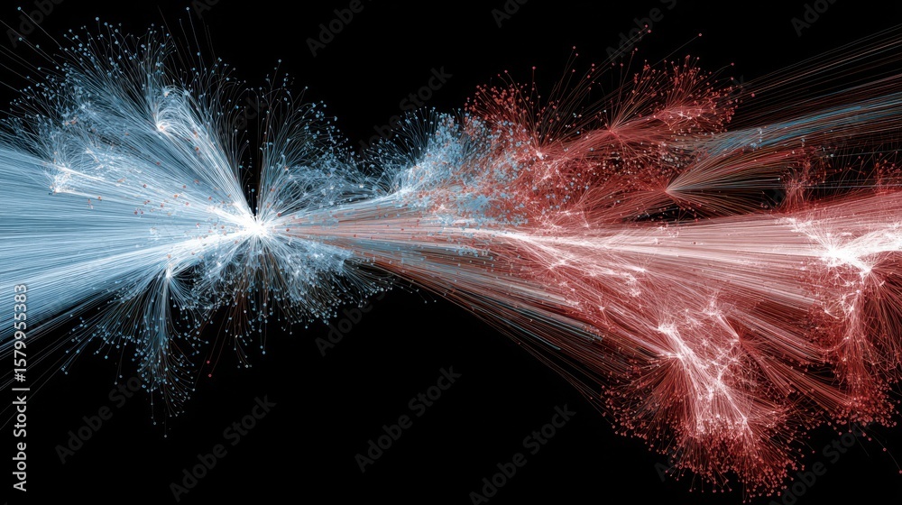 Poster abstract representation of interconnected data streams in contrasting colors.