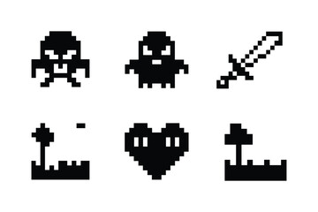 Pixelated monsters sword heart and landscape elements pixel art retro gaming