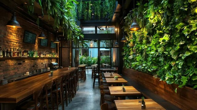 Lush indoor-outdoor bar & restaurant with wood accents, exposed brick, and vibrant green walls