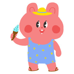 Cute Pink Bunny in Summer Outfit Holding Ice Cream