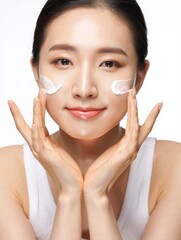 Woman Applying Skincare Product with a Natural Smile