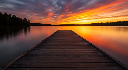 Obraz premium Sunset over calm lake with wooden pier