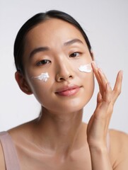 Woman Applying Cream on Her Face for Skincare Routine