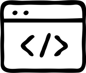 Obraz premium Simple black and white illustration of a browser window with code symbols.