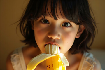 Close-up portrait of a young girl with dark hair, focused on her face as she bites into a banana.