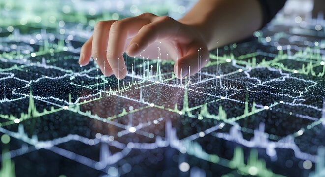 Interactive data analytics display showcasing human touch on digital graphs for modern business analysis and trend forecast.