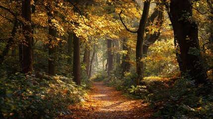 Obraz premium Autumnal forest path bathed in golden light