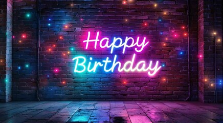 Neon happy birthday sign illuminated on brick wall with colorful lights - Powered by Adobe