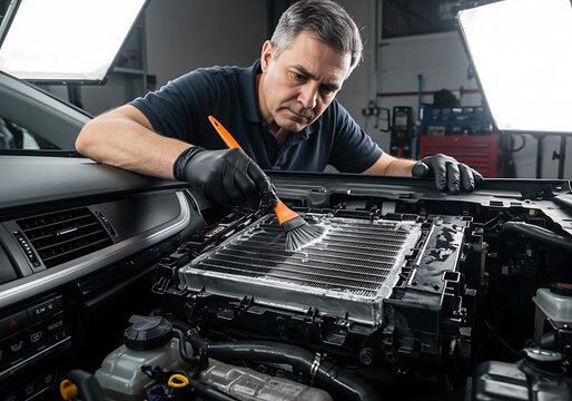 Mechanic cleaning a car radiator with a brush and foam. Wearing blue gloves and face mask for hygiene in an auto repair workshop.