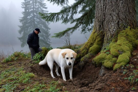 Curious dog digging near mossy tree roots while senior man exploring forest - Powered by Adobe