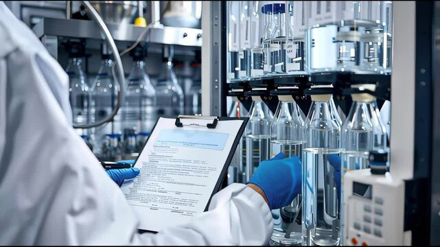 Precise Water Testing Operation: Lab Technician Inserts Vials into Purification Unit, Cross-Referencing Test Data on Clipboard to Ensure Quality and Accuracy