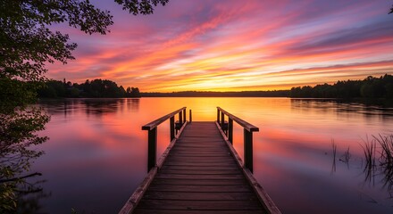 Wooden pier at sunset on lake