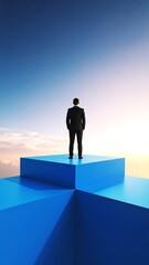 Businessman atop blue cubes, sunrise