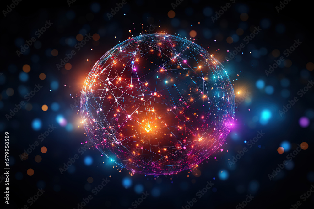 Wall mural technology concept showcasing a sphere surrounded by a network of lines and dots