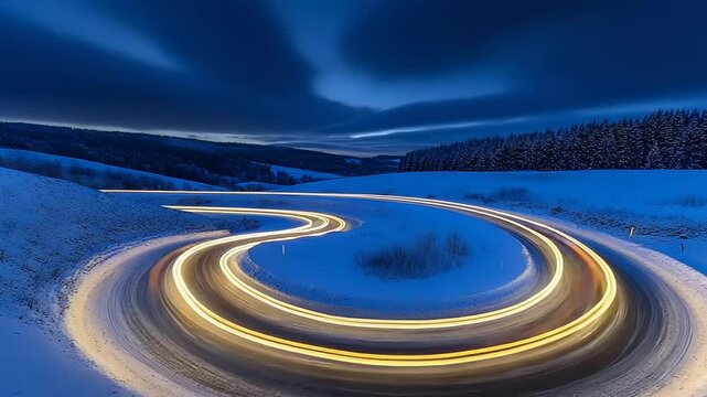 Winding road through snowy landscape at twilight