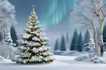 Obraz premium Christmas tree with fairy lights illuminating snowy winter landscape under northern lights