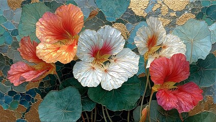 Closeup of Nasturtiums in Gold Leaf and Teal Mosaic Background Detailed Botanical Painting with Orange White and Red Flowers