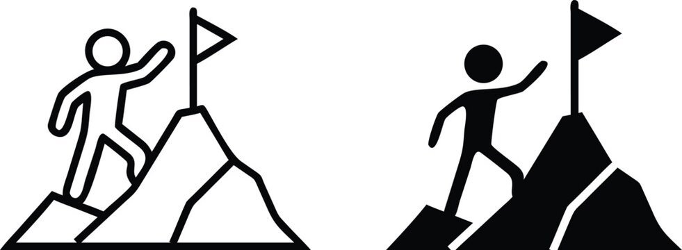 Mountain Summit Achievement Icon Vector – Black and White Success Flag Climbing Symbol Illustration