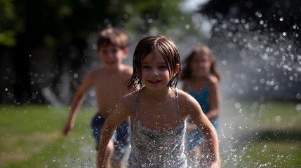 Obraz premium Joyful girl playing in water on a summer day