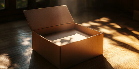 Cardboard Shipping Box in Sunlit Minimalist Room