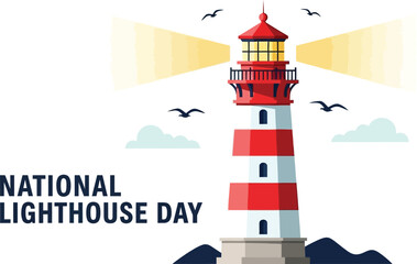 Vector art of a vibrant cartoon illustration celebrating national lighthouse day with a picturesque lighthouse by the sea isolated on white background