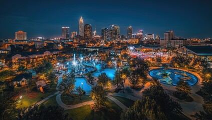Fototapeta premium Night cityscape panorama, urban park, illuminated water features