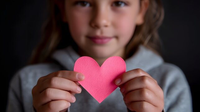 A young girl joyfully holding a pink heart in her hands.