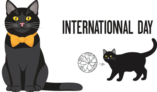 Vector art of a charming cartoon illustration celebrating international cat day with a dapper black cat wearing a bow tie isolated on white background