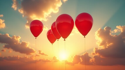 Four Red Balloons Soaring at Sunset