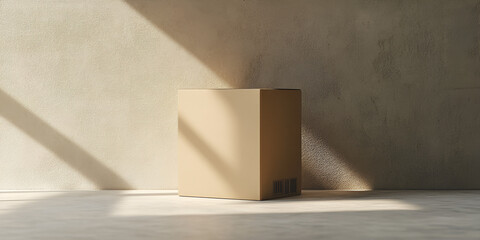 Cardboard Shipping Box in Sunlit Minimalist Room