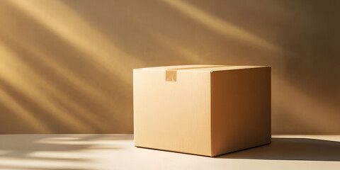 Cardboard Shipping Box in Sunlit Minimalist Room