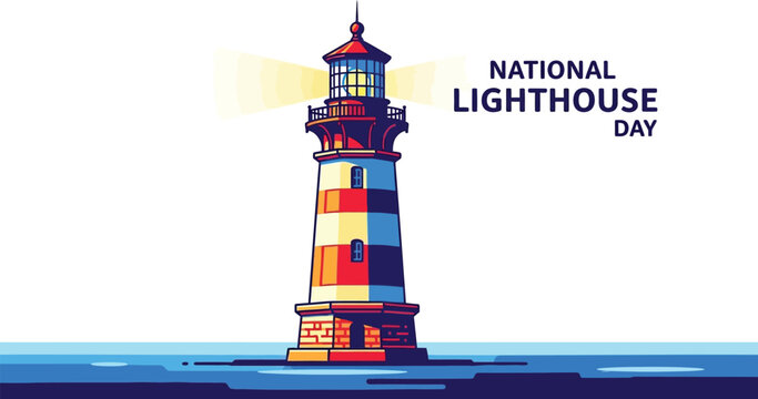 Vector art of a colorful lighthouse stands tall by the sea to celebrate national lighthouse day, isolated on white background