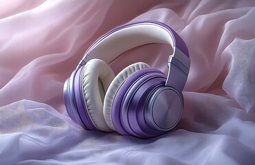 Purple and white headphones mockup on soft pink fabric

